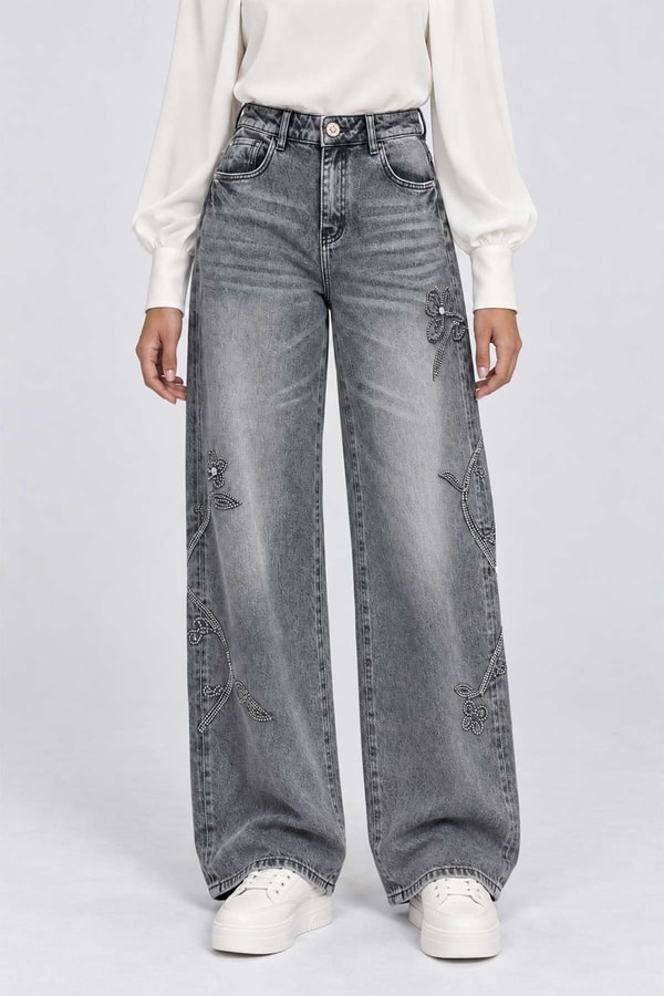 LevidorTaş Nakışlı Yüksek Bel Denim Pantolon Gri