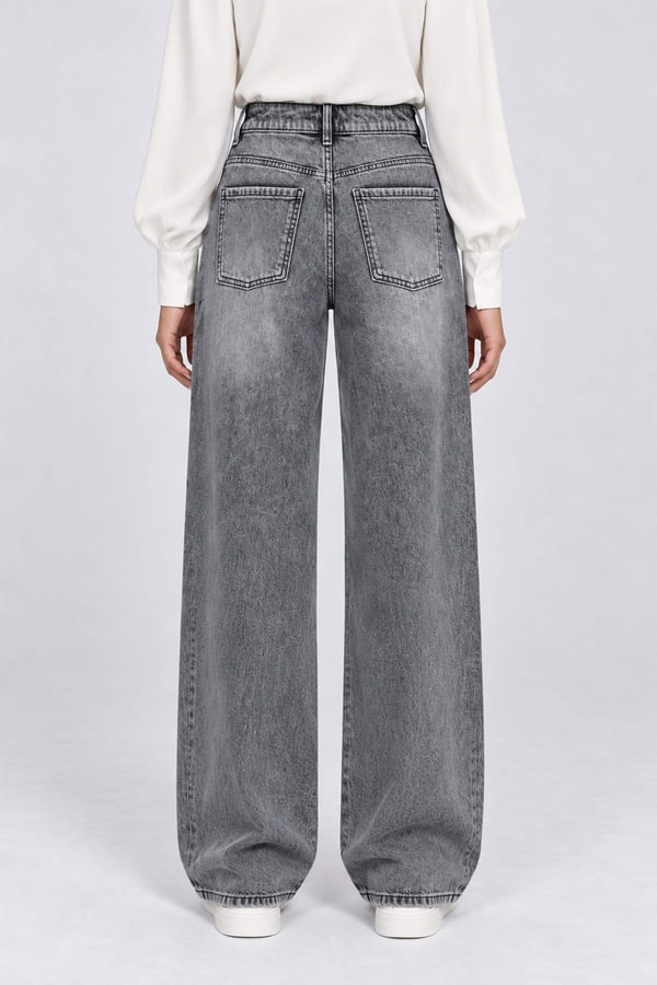LevidorTaş Nakışlı Yüksek Bel Denim Pantolon Gri
