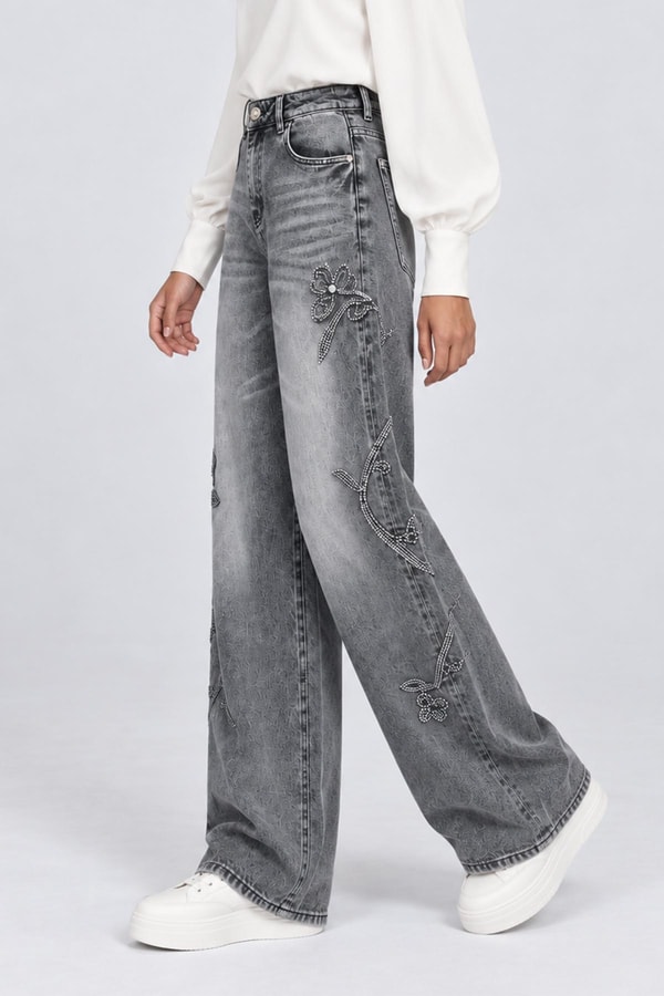 LevidorTaş Nakışlı Yüksek Bel Denim Pantolon Gri