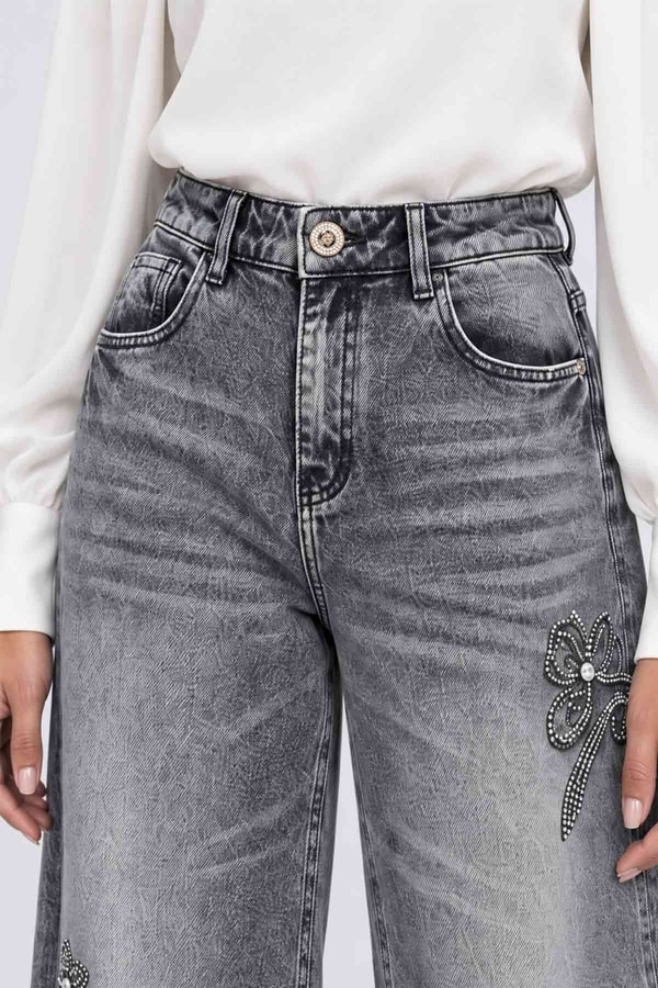 LevidorTaş Nakışlı Yüksek Bel Denim Pantolon Gri