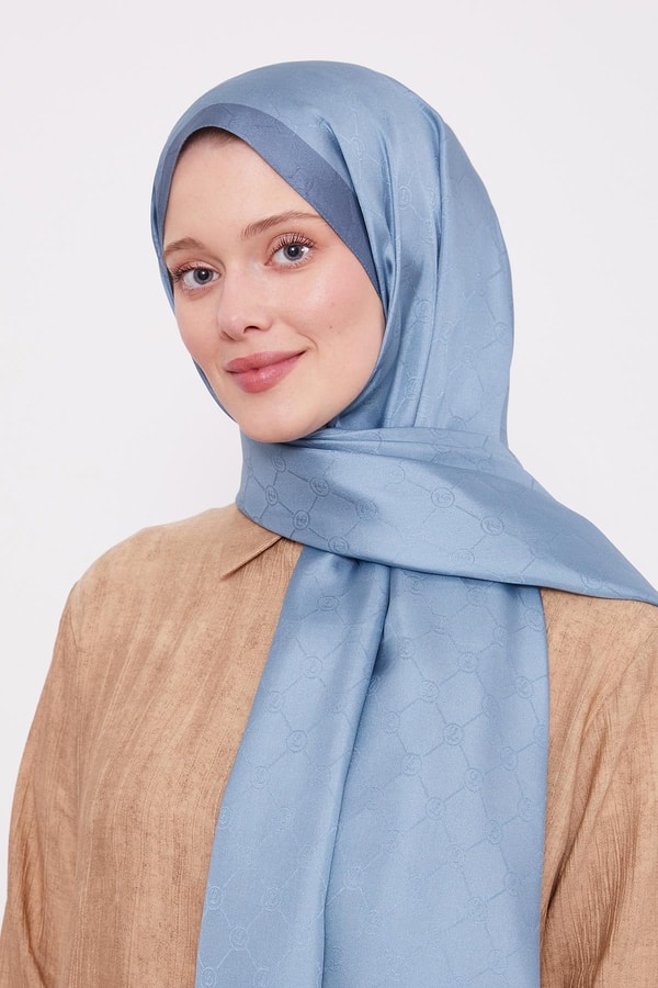LevidorTurkuaz Petek Desen Monogram İpek Şal