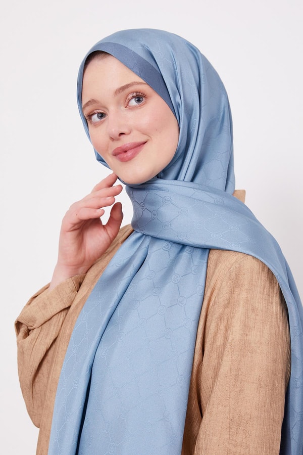 LevidorTurkuaz Petek Desen Monogram İpek Şal