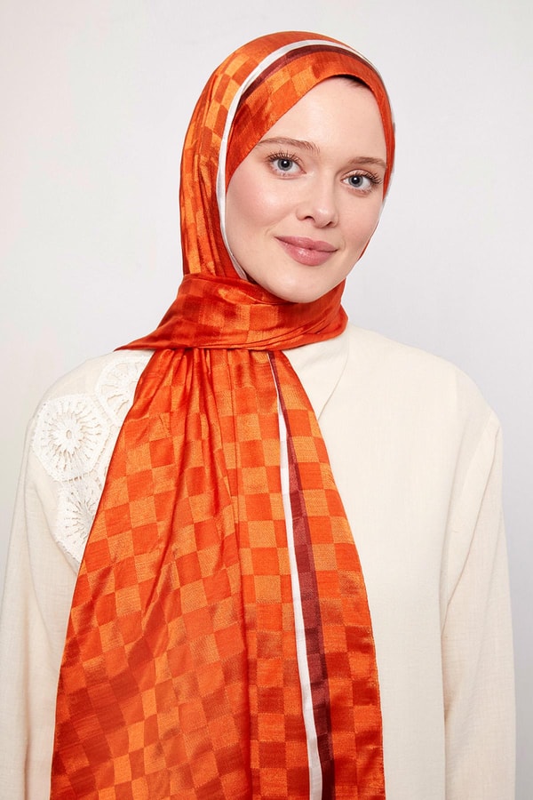 LevidorTuruncu Çizgili Dama Desen Monogram Şal