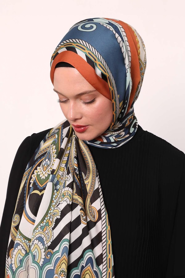 LevidorTuruncu Çizgili Hint İpeği Şal