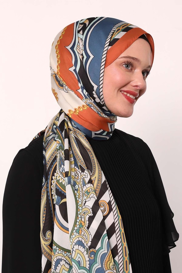 LevidorTuruncu Çizgili Hint İpeği Şal