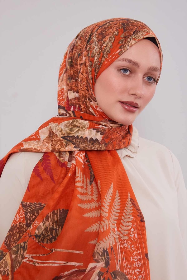 LevidorTuruncu Yaprak Desen Pamuk Şal