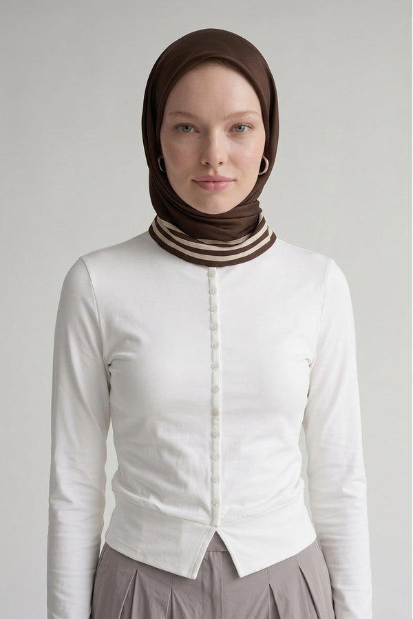 LevidorÜç Çizgi Detaylı Twill İpek Eşarp Acı Kahve
