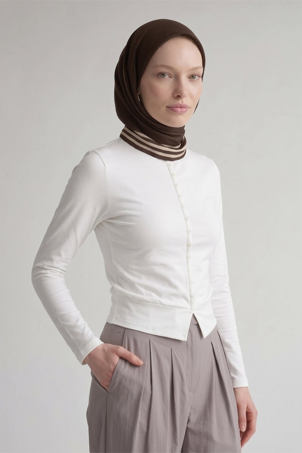 LevidorÜç Çizgi Detaylı Twill İpek Eşarp Acı Kahve
