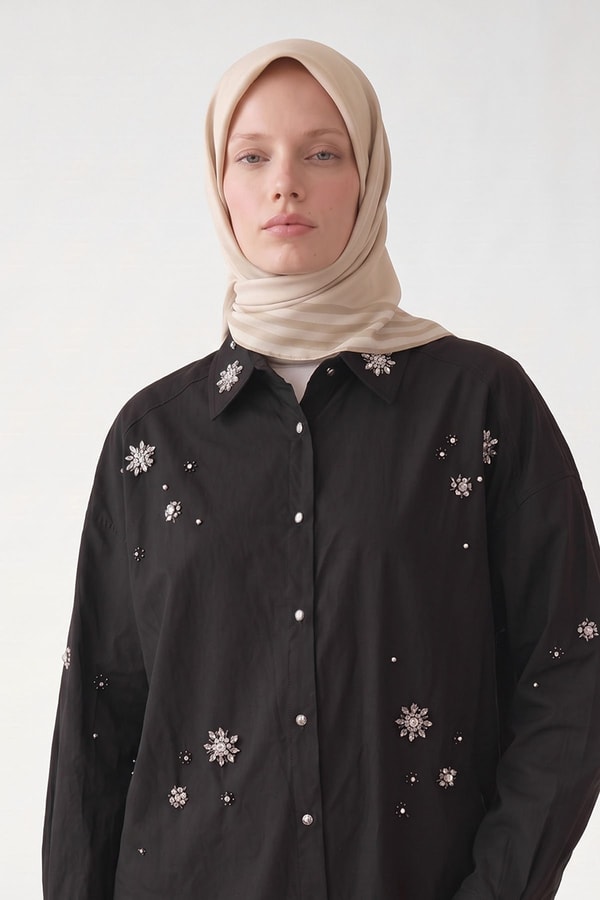 LevidorÜç Çizgi Detaylı Twill İpek Eşarp Krem