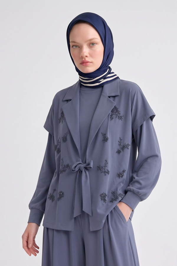 LevidorÜç Çizgi Detaylı Twill İpek Eşarp Lacivert