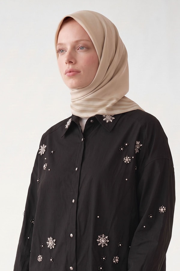 LevidorÜç Çizgi Detaylı Twill İpek Eşarp Krem