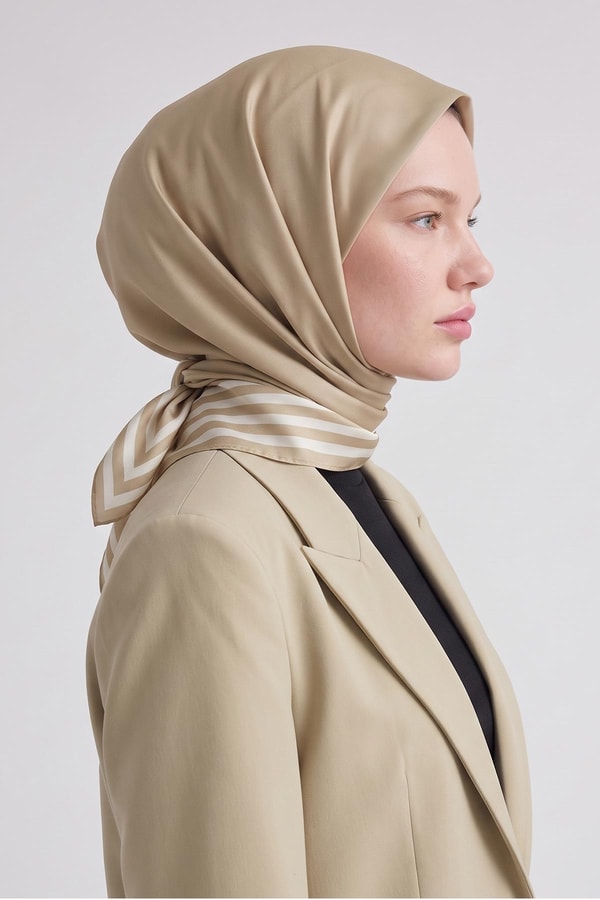 LevidorÜç Çizgi Detaylı Twill İpek Eşarp Yağ Yeşili