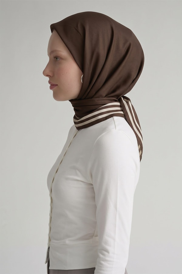LevidorÜç Çizgi Detaylı Twill İpek Eşarp Acı Kahve