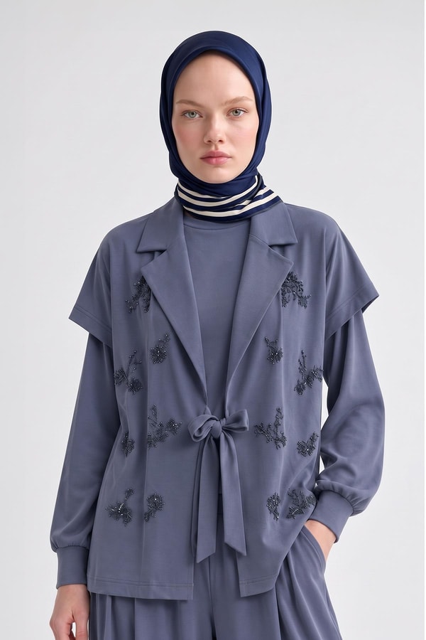 LevidorÜç Çizgi Detaylı Twill İpek Eşarp Lacivert