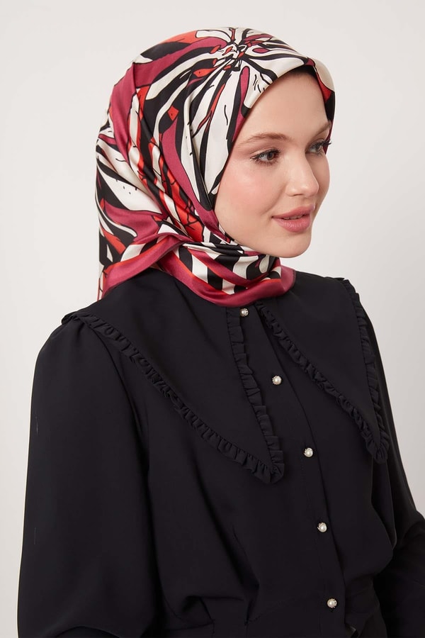 LevidorVişne Zambak Desen Twill İpek Eşarp