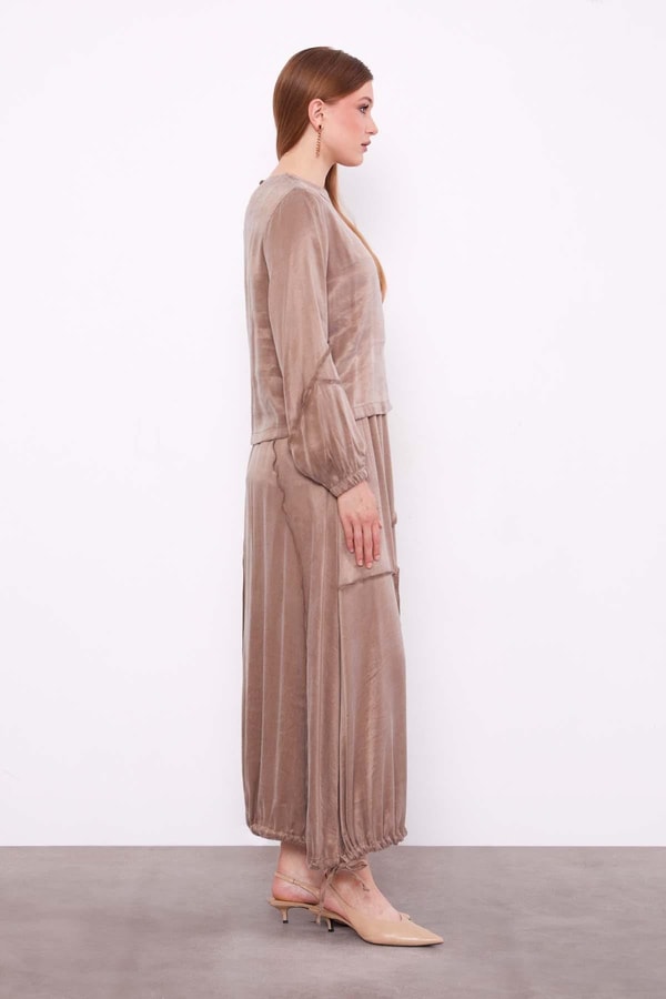 LevidorYağ Yeşili Asimetrik Fırfır Detaylı Cupra Etek Takım