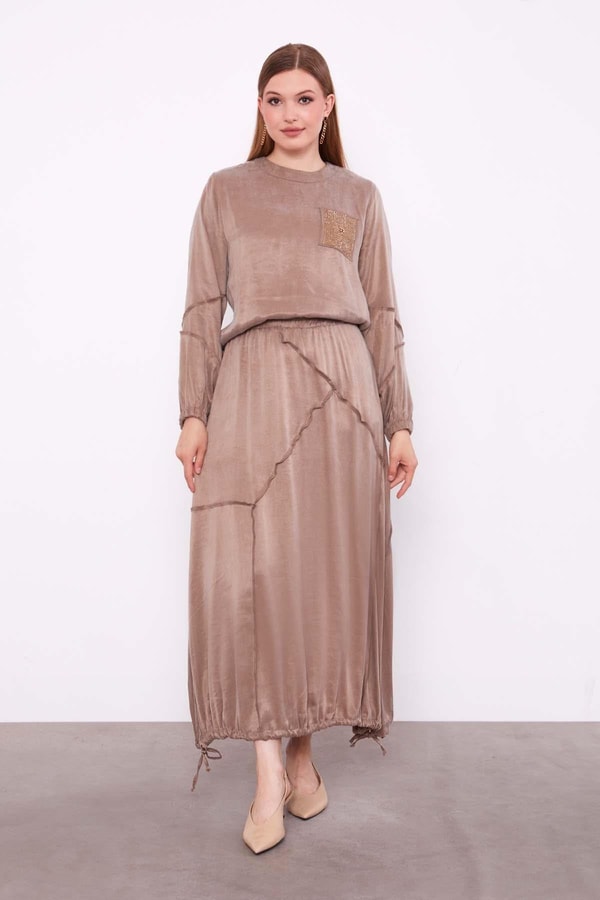 LevidorYağ Yeşili Asimetrik Fırfır Detaylı Cupra Etek Takım