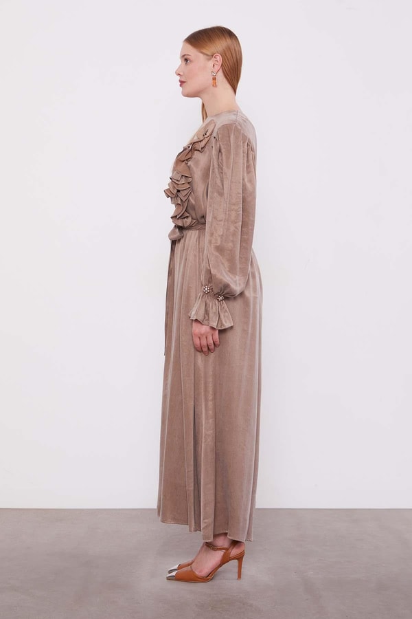 LevidorYağ Yeşili Çiçek Aksesuarlı Cupra Elbise