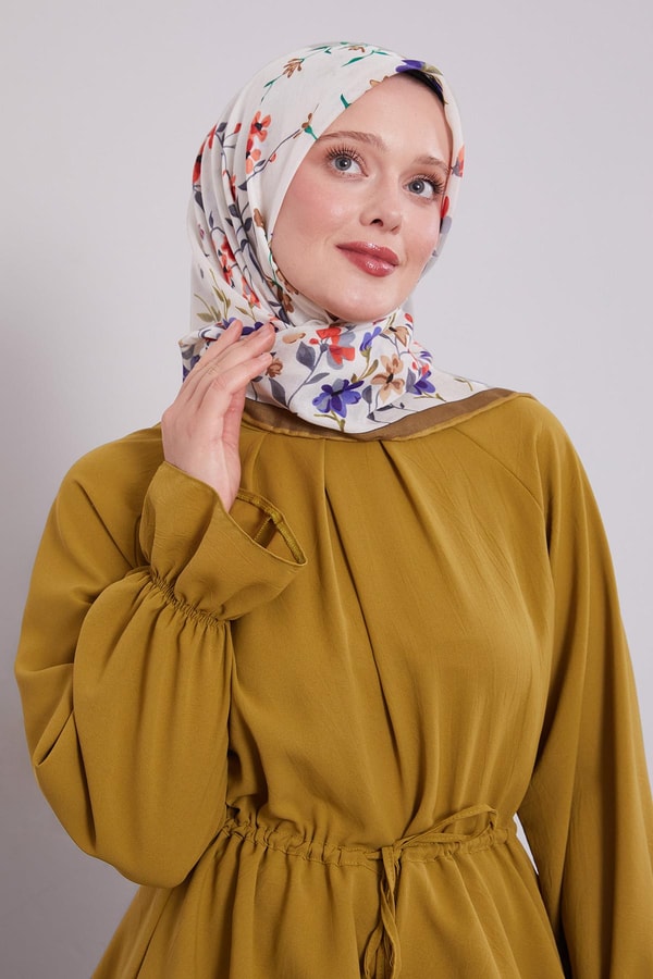 LevidorYağ Yeşili Çiçek Dalı Desen Soft Eşarp