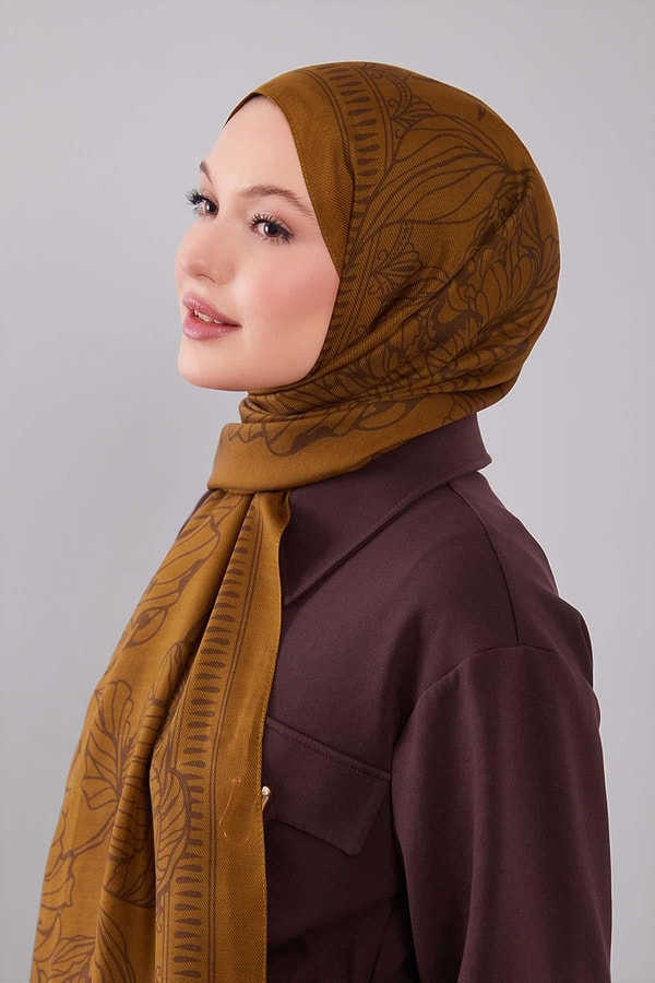 LevidorYağ Yeşili Çiçek Desenli Yün İpek Şal