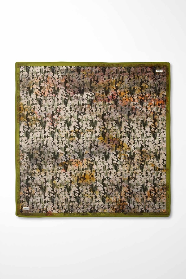 LevidorYağ Yeşili Çiçekli Soyut Desen Twill İpek Eşarp