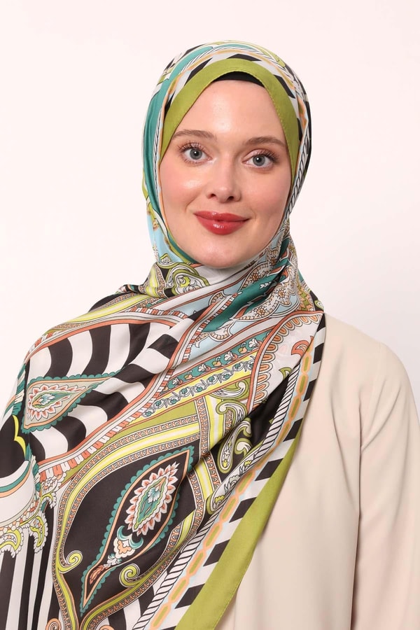 LevidorYağ Yeşili Çizgili Hint İpeği Şal