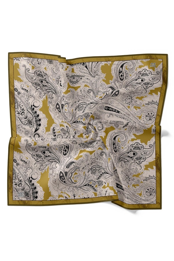 LevidorYağ Yeşili Çizim Etnik Desen Twill İpek Eşarp