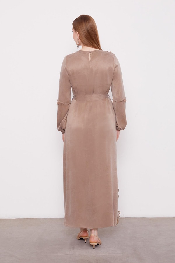 LevidorYağ Yeşili Dantel Şeritli Cupra Elbise