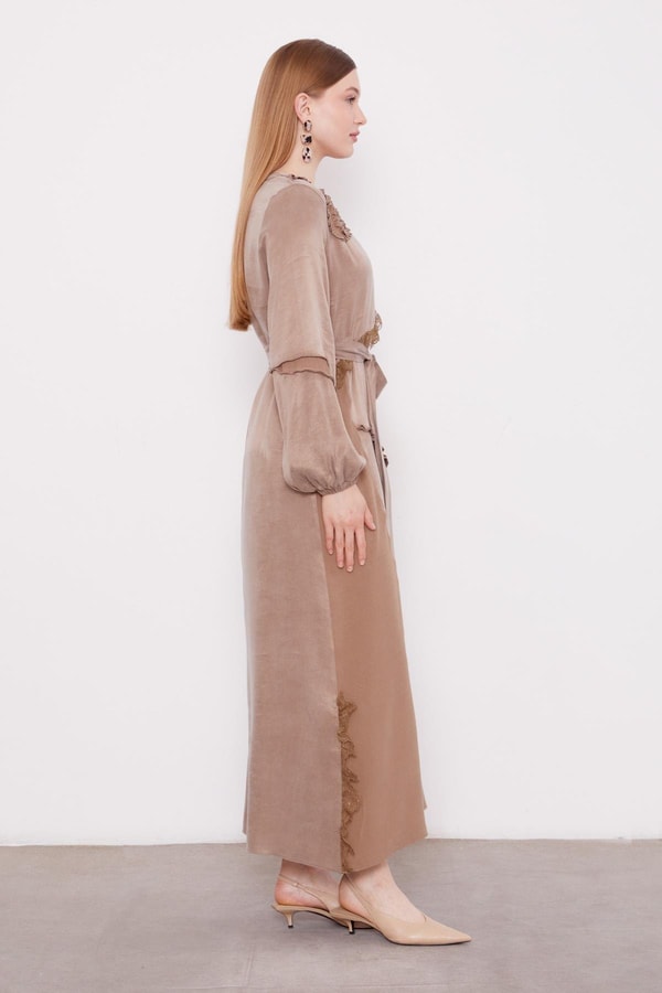 LevidorYağ Yeşili Dantel Şeritli Cupra Elbise