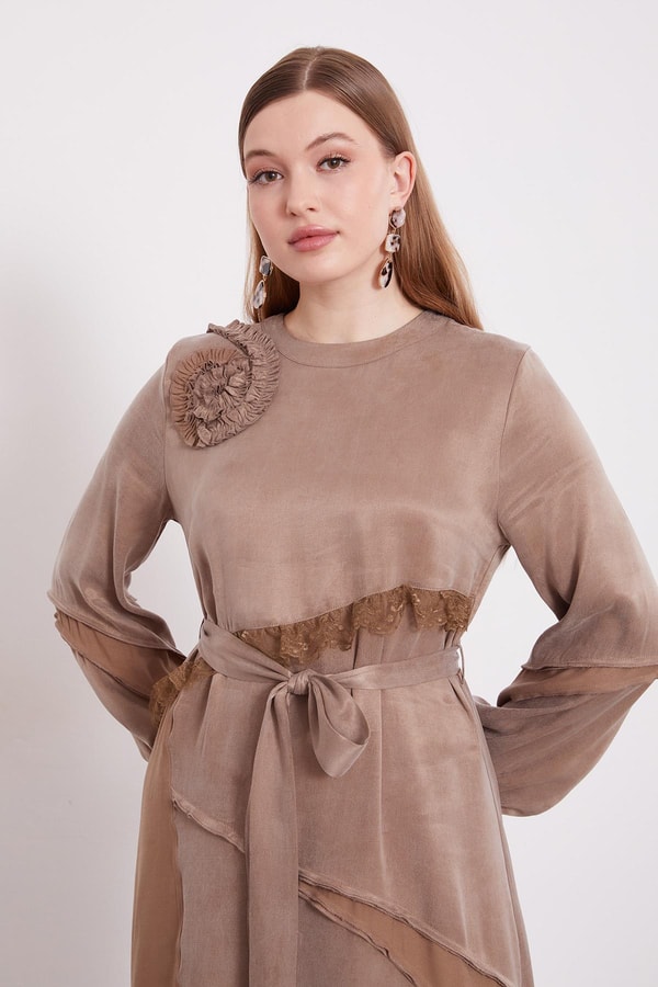 LevidorYağ Yeşili Dantel Şeritli Cupra Elbise