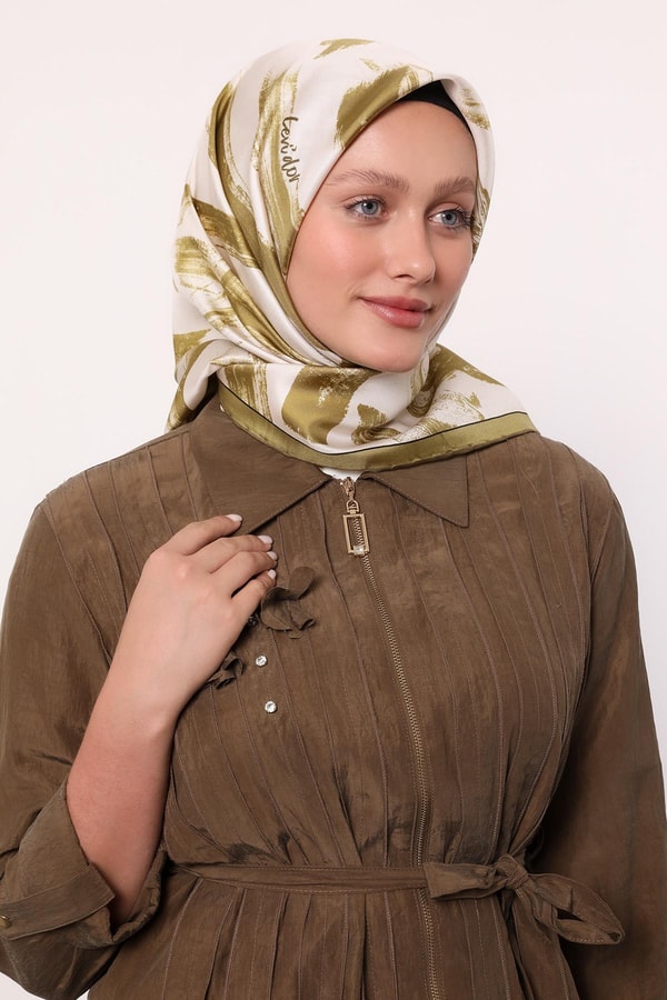 LevidorYağ Yeşili Fırça İzi Desen Twill İpek Eşarp