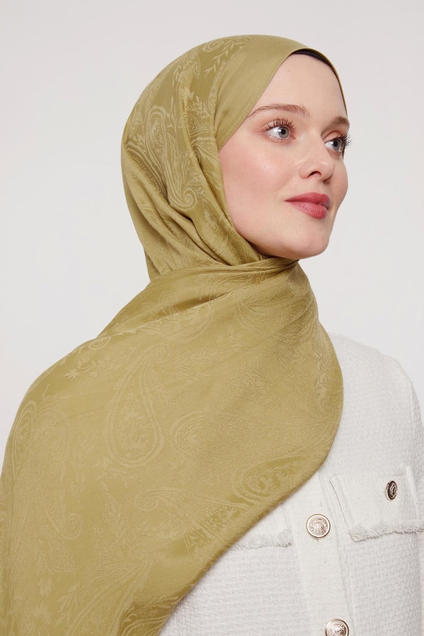 LevidorYağ Yeşili Hint Desen Grazia Şal