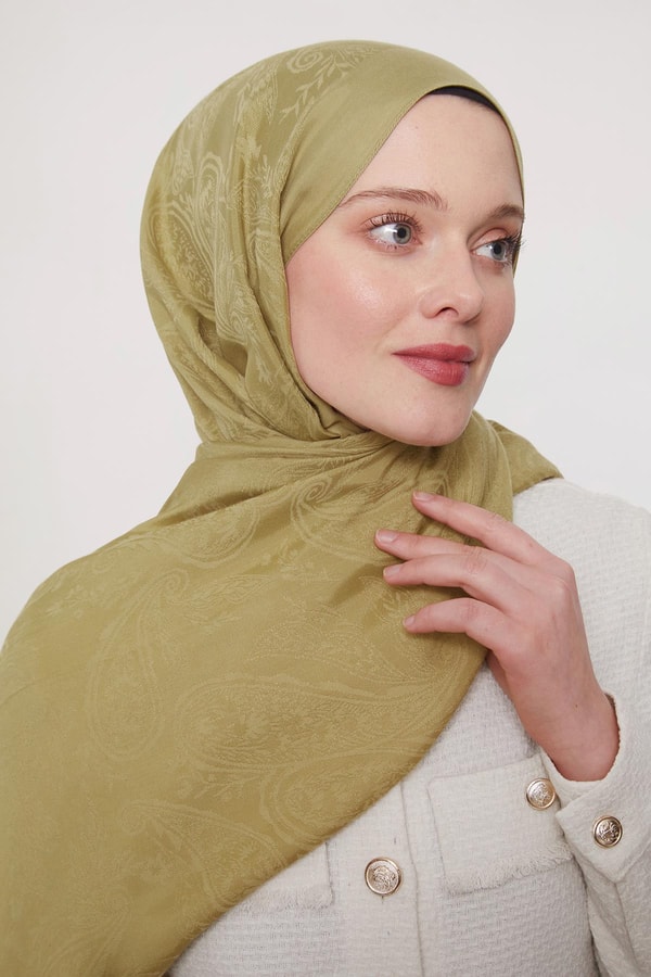 LevidorYağ Yeşili Hint Desen Grazia Şal
