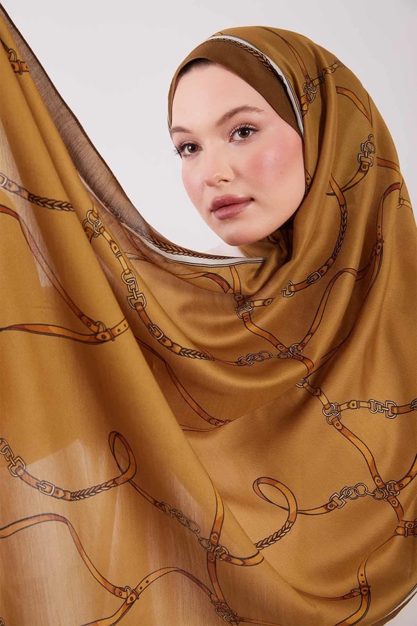 LevidorYağ Yeşili Kemer Desenli Yün İpek Şal
