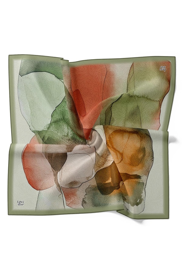 LevidorYağ Yeşili Kesik Çiçek Desen Twill İpek Eşarp