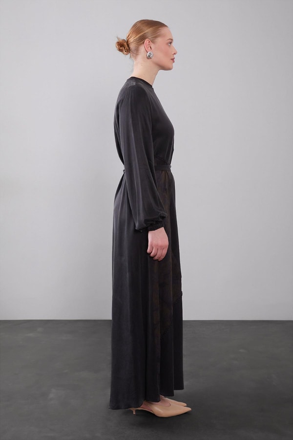 LevidorYağ Yeşili Kuşak Detaylı Kenar Desen Cupra Elbise