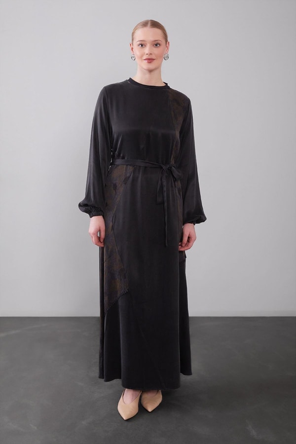 LevidorYağ Yeşili Kuşak Detaylı Kenar Desen Cupra Elbise