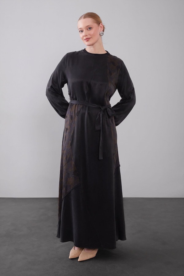 LevidorYağ Yeşili Kuşak Detaylı Kenar Desen Cupra Elbise