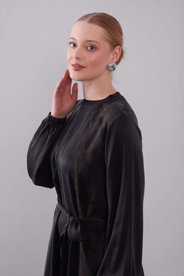 LevidorYağ Yeşili Kuşak Detaylı Kenar Desen Cupra Elbise