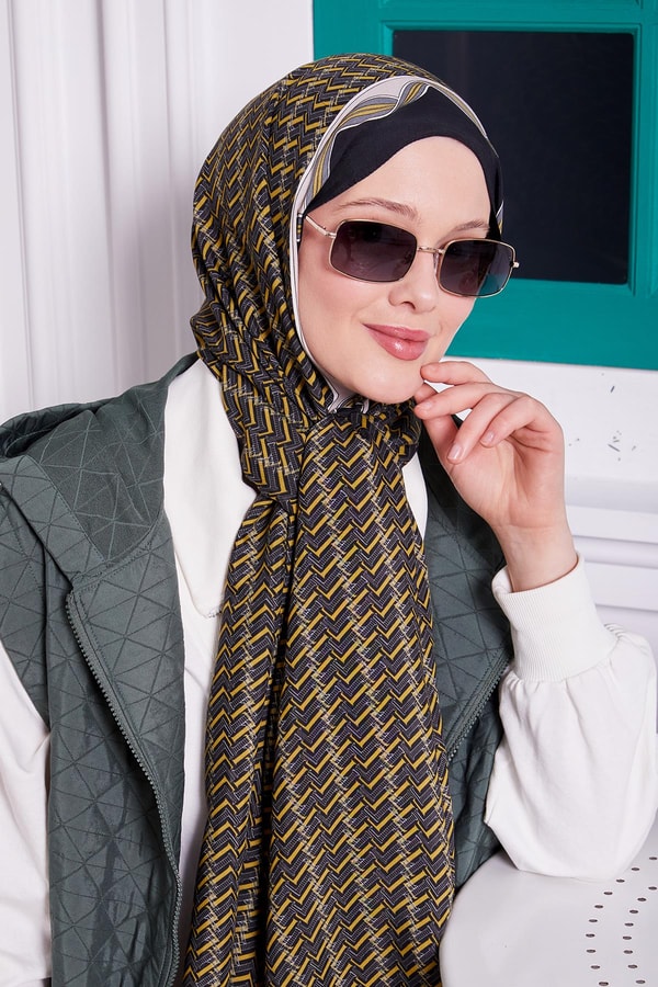 LevidorYağ Yeşili Labirent Desen Royal Şal