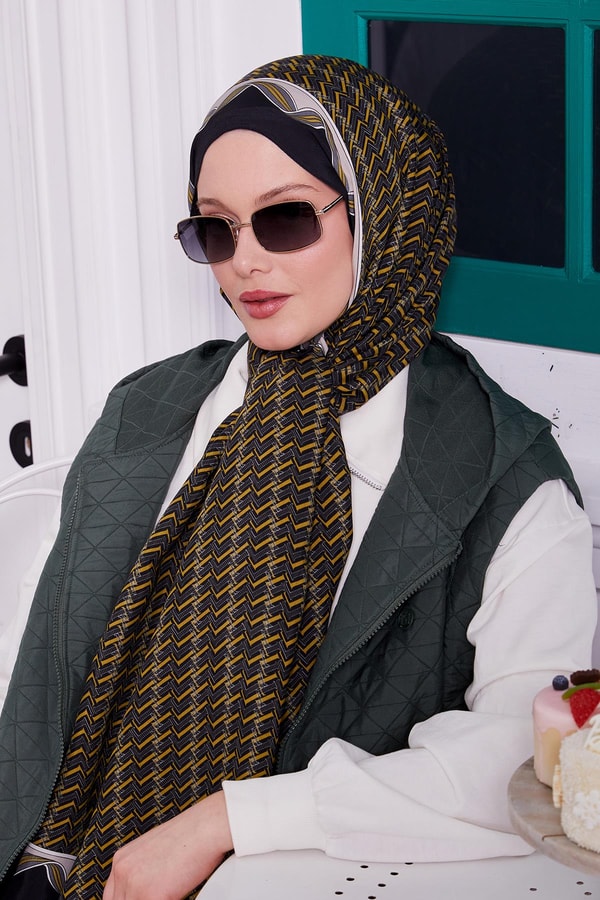 LevidorYağ Yeşili Labirent Desen Royal Şal