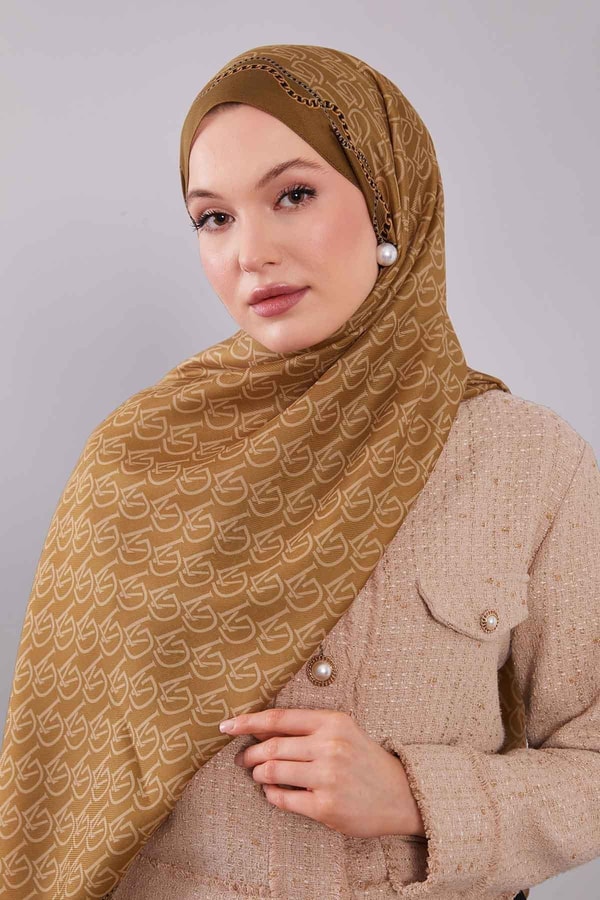 LevidorYağ Yeşili LVD Baskılı Yün İpek Şal