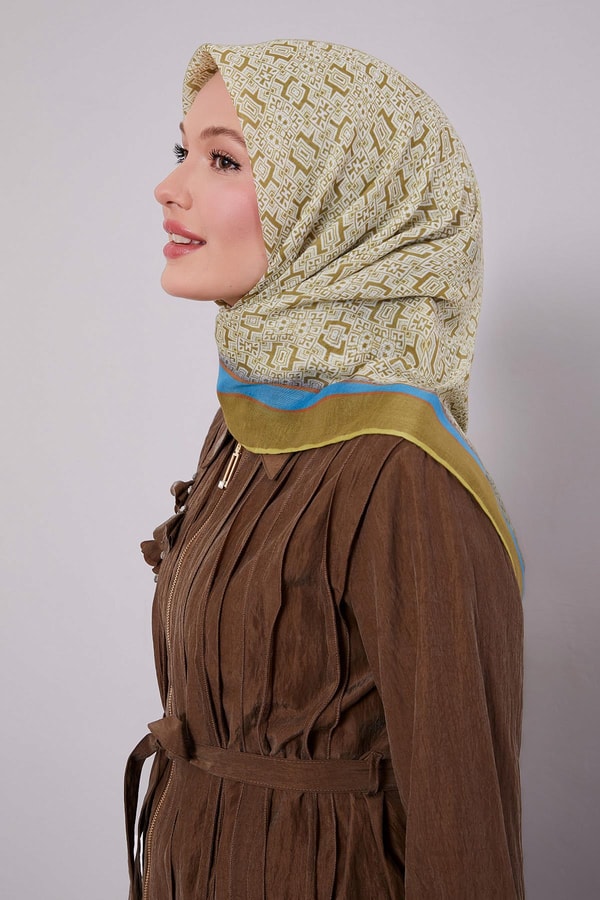 LevidorYağ Yeşili Puzzle Desen Soft Eşarp