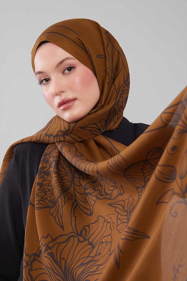 LevidorYağ Yeşili Sümbül Çiçek Desen Yün İpek Şal