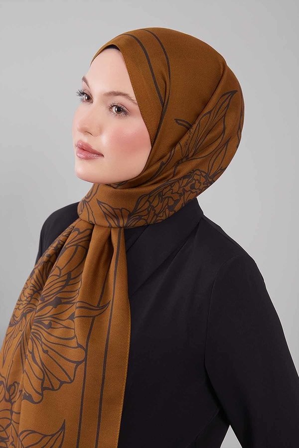 LevidorYağ Yeşili Sümbül Çiçek Desen Yün İpek Şal