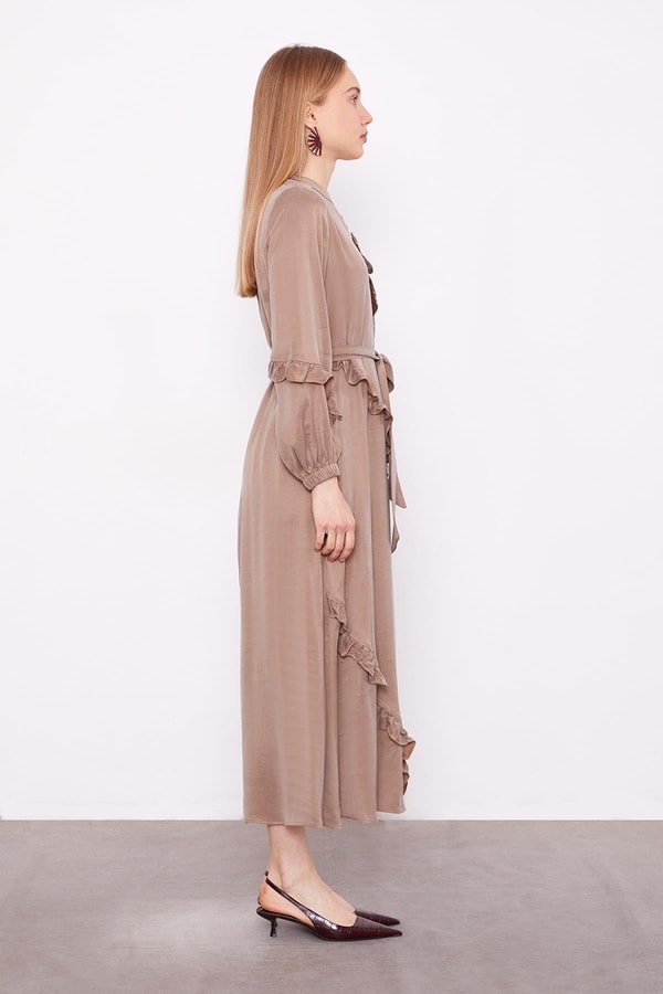 LevidorYağ Yeşili Yakası Çiçek Detaylı Cupra Elbise