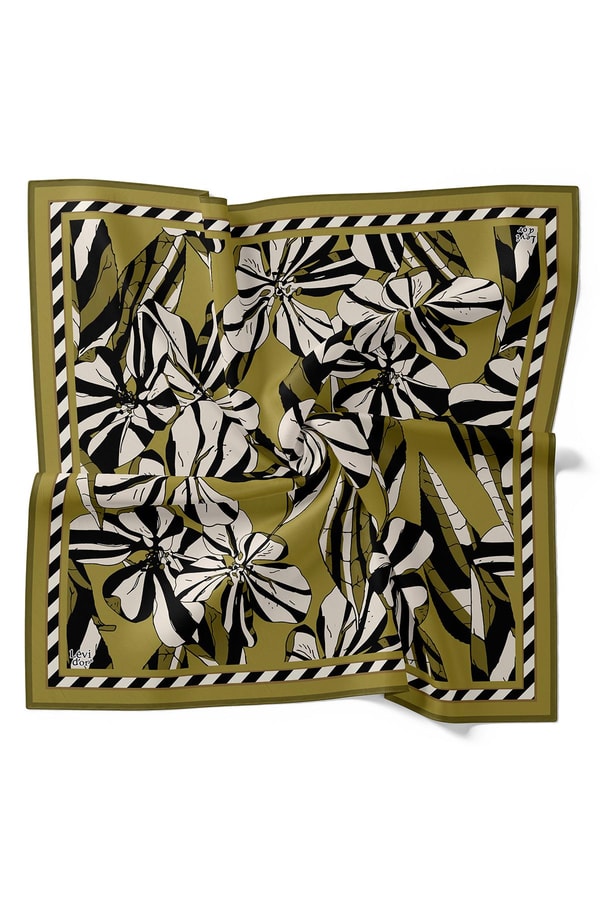 LevidorYağ Yeşili Zambak Desen Twill İpek Eşarp