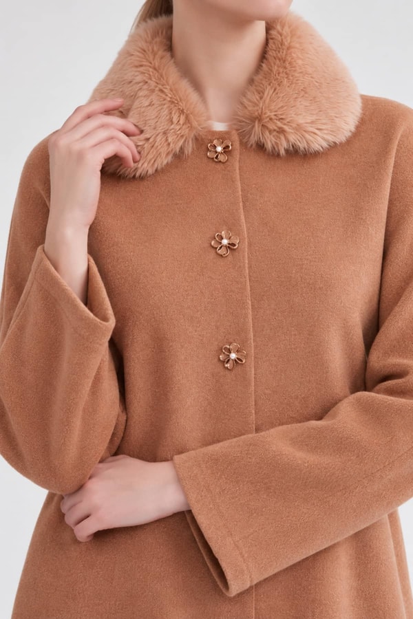 LevidorYakası Kürklü Kaşmir Hırka Camel