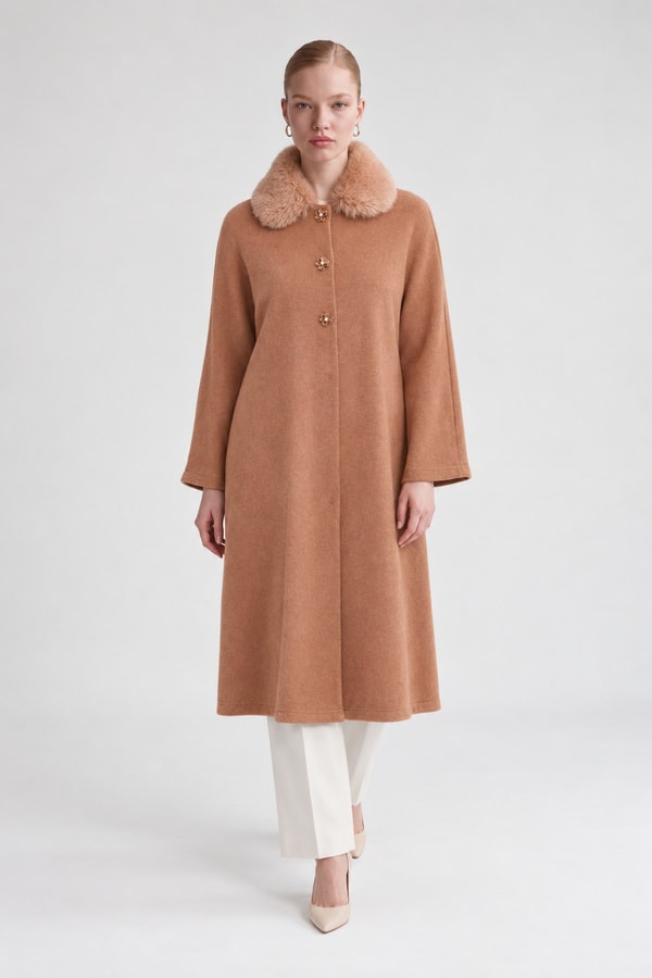 LevidorYakası Kürklü Kaşmir Hırka Camel