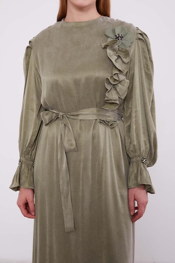 LevidorYeşil Çiçek Aksesuarlı Cupra Elbise